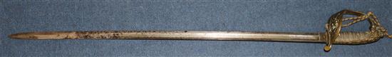 A Victorian Naval officers dress sword and scabbard, 37.5in.